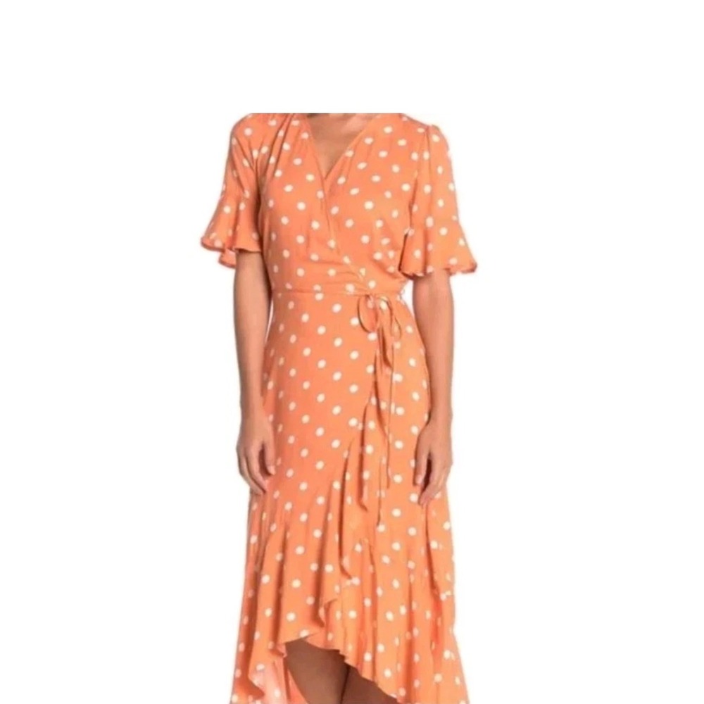 Melloday Peach Polka Dot Wrap Dress High Low Ruffle Flutter Sleeve NWT Size M